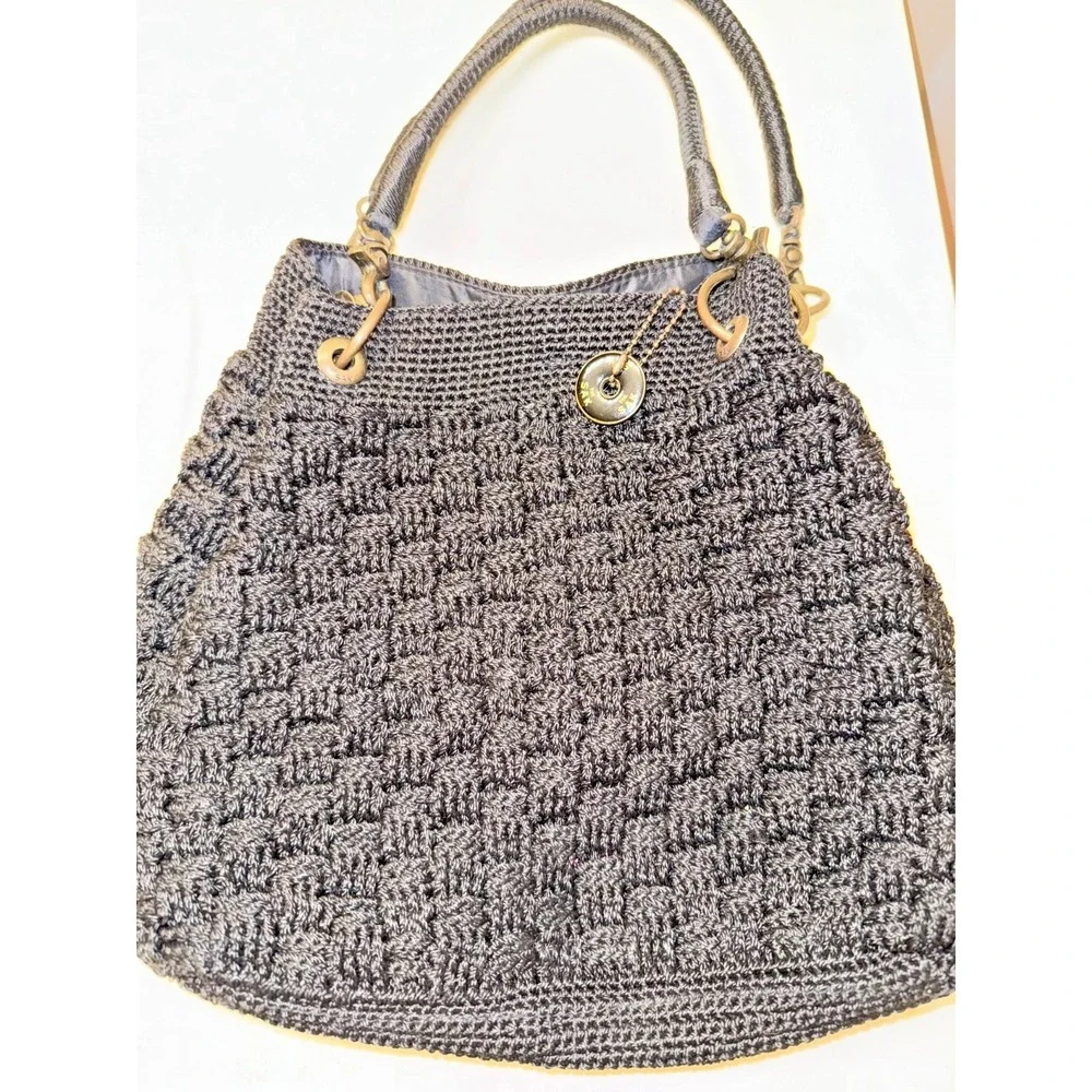 THE SAK Vintage Womens Black Woven Crochet Hobo Bag Purse Handbag